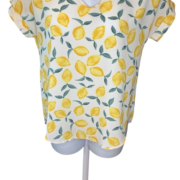 Pink Rose Lemon Print Blouse V-Neck Cuffed Sleeve Yellow Tunic Top Large L - Picture 4 of 9